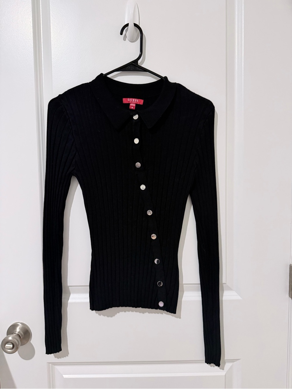 GUESS Black Ribbed Asymmetric Button-Down Long Sleeve Top